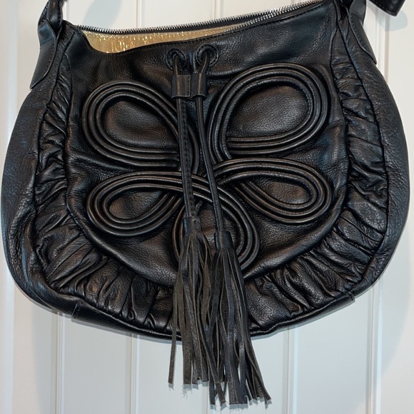 Black leather Frosting Mary Norton swirly oversized purse handbag tassels boho - Picture 3 of 15
